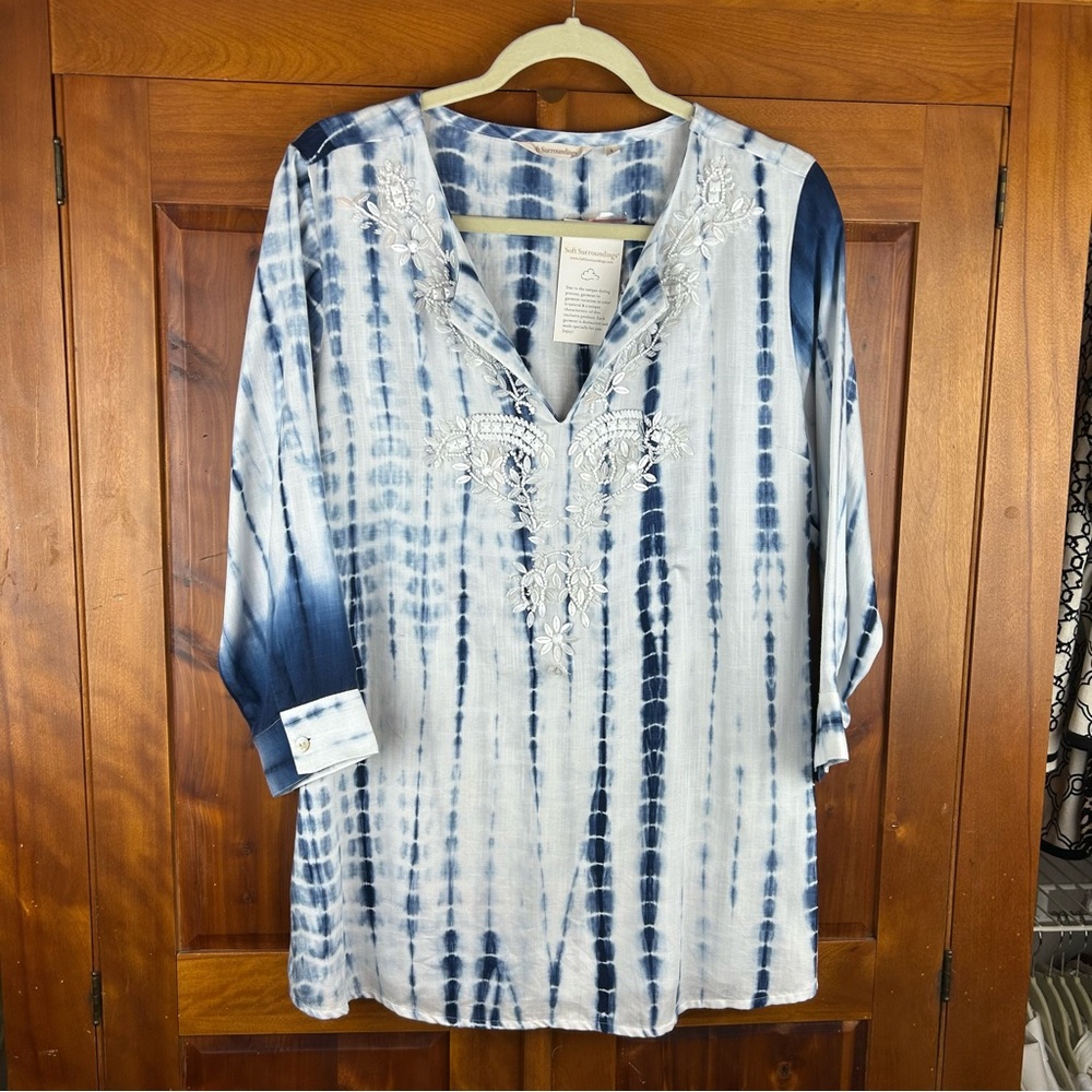 NEW - Soft Surroundings Embroidered & Beaded Tie-Dye Tunic Top Beachy Coverup